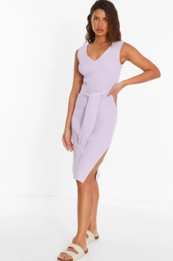 Quiz Knit Tie Belt Bodycon Midi Dress Lilac Online
