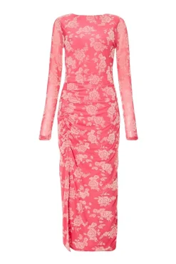 Quiz Magenta Mesh Floral Midaxi Dress Outlet