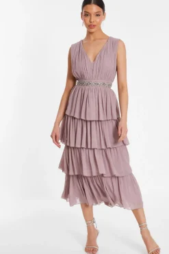 Quiz Mauve Chiffon Tiered Midi Dress Outlet