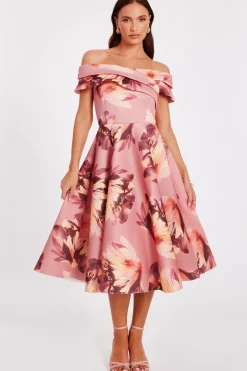 Quiz Mauve Floral Bardot Midi Dress Discount