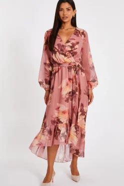 Quiz Mauve Floral Dip Hem Midaxi Dress Discount