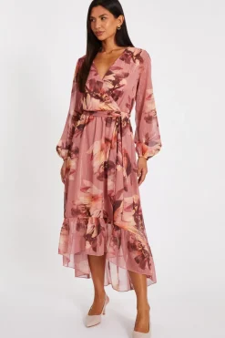 Quiz Mauve Floral Dip Hem Midaxi Dress Discount