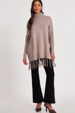Quiz Knit Tassel Hem Jumper Mocha Clearance