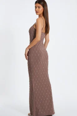 Quiz Rhinestone Square Neck Maxi Dress Mocha Hot
