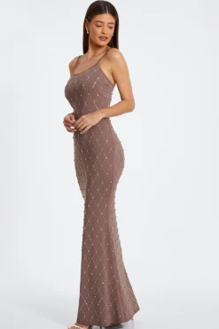 Quiz Rhinestone Square Neck Maxi Dress Mocha Hot