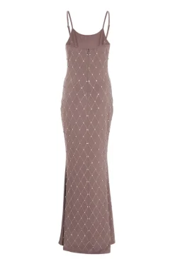 Quiz Rhinestone Square Neck Maxi Dress Mocha Hot