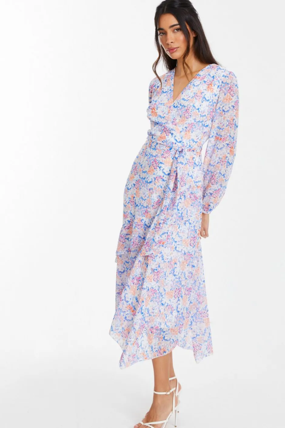 Quiz Multicoloured Ditsy Print Chiffon Wrap Midi Dress Clearance