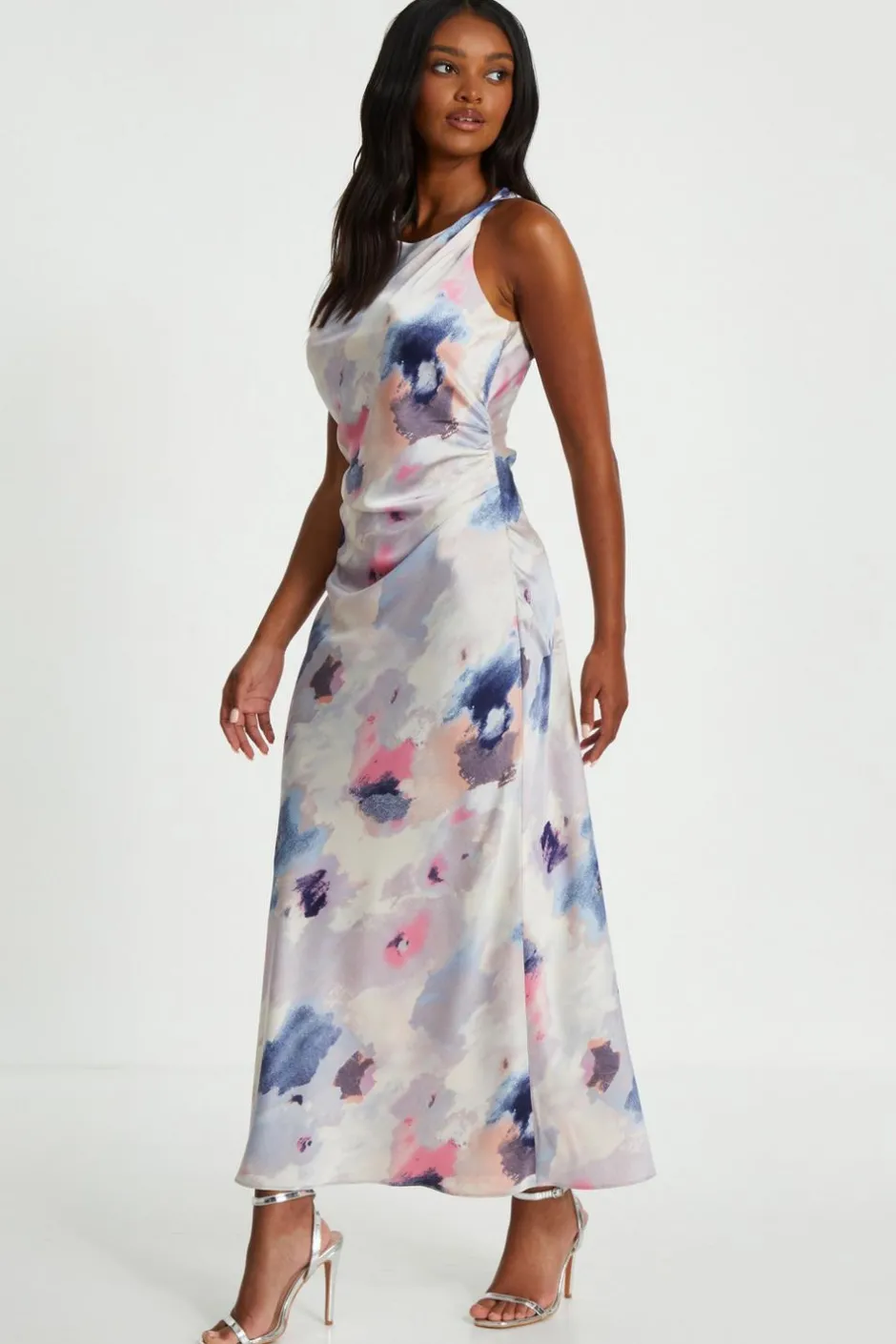 Quiz Multicoloured Marble Satin Twist Shoulder Midaxi Dress Discount