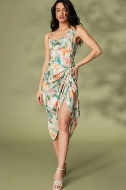 Quiz Multicoloured Satin Marble Print Ruched Midi Dress