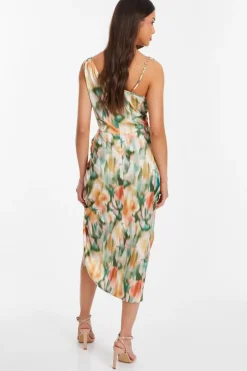 Quiz Multicoloured Satin Marble Print Ruched Midi Dress