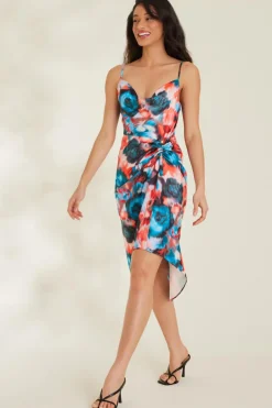 Quiz Multicoloured Satin Smudge Print Wrap Midi Dress Clearance