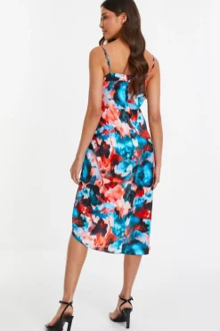 Quiz Multicoloured Satin Smudge Print Wrap Midi Dress Clearance