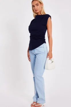 Quiz Asymmetric Boat Neck Top Navy Outlet