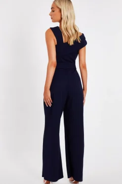 Quiz Navy Asymmetric Wide Leg Jumpsuit Outlet