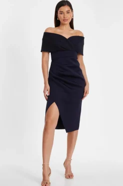Quiz Navy Bardot Ruched Midi Dress Best