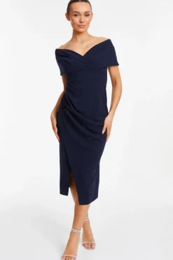 Quiz Navy Bardot Ruched Wrap Midi Dress Hot