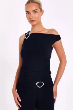 Quiz Navy Buckle Detail Ruched Top Clearance