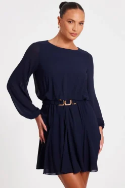 Quiz Navy Chiffon Long Sleeve Skater Dress Outlet