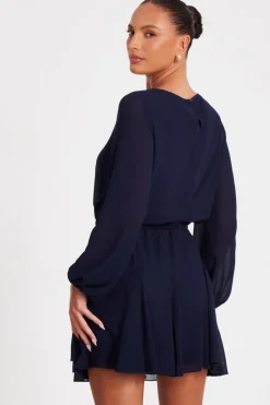 Quiz Navy Chiffon Long Sleeve Skater Dress Outlet