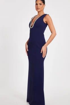 Quiz Navy Diamante Trim Maxi Dress Discount