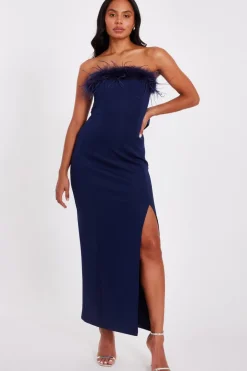 Quiz Feather Trim Midaxi Dress Navy Best