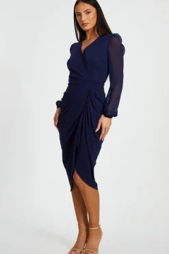 Quiz Navy Front Wrap Ruched Midi Dress Online