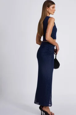 Quiz Glitter Mesh Crop Top Navy Hot