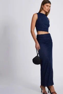 Quiz Glitter Mesh Crop Top Navy Hot