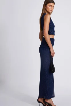 Quiz Glitter Mesh Midaxi Skirt Navy New