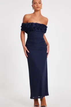Quiz Mesh Bardot Midaxi Dress Navy