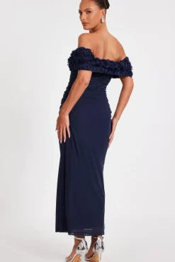 Quiz Mesh Bardot Midaxi Dress Navy