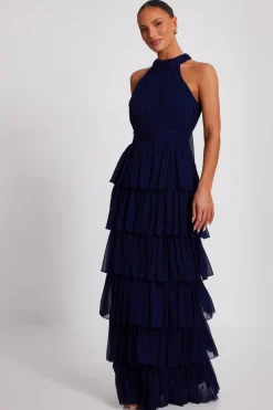 Quiz Navy Mesh Tiered Maxi Dress