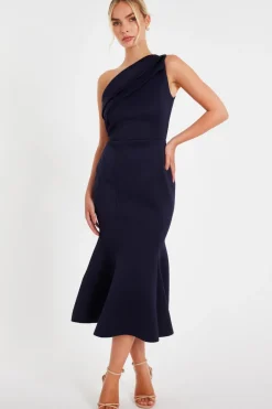 Quiz Navy One Shoulder Peplum Dress Sale