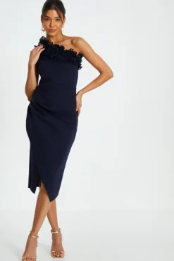 Quiz Navy One Shoulder Ruched Midi Dress Clearance