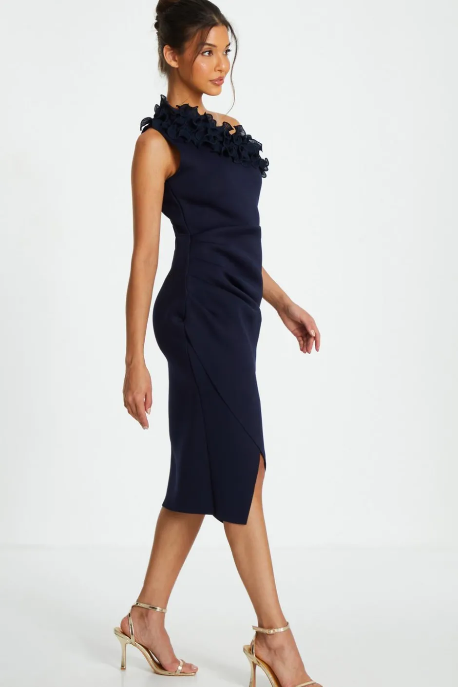 Quiz Navy One Shoulder Ruched Midi Dress Clearance