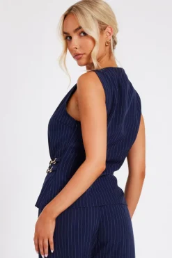 Quiz Navy Pinstripe Wrap Waistcoat Outlet