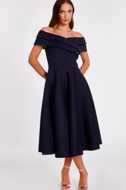 Quiz Pleated Bardot Midi Dress Navy Clearance