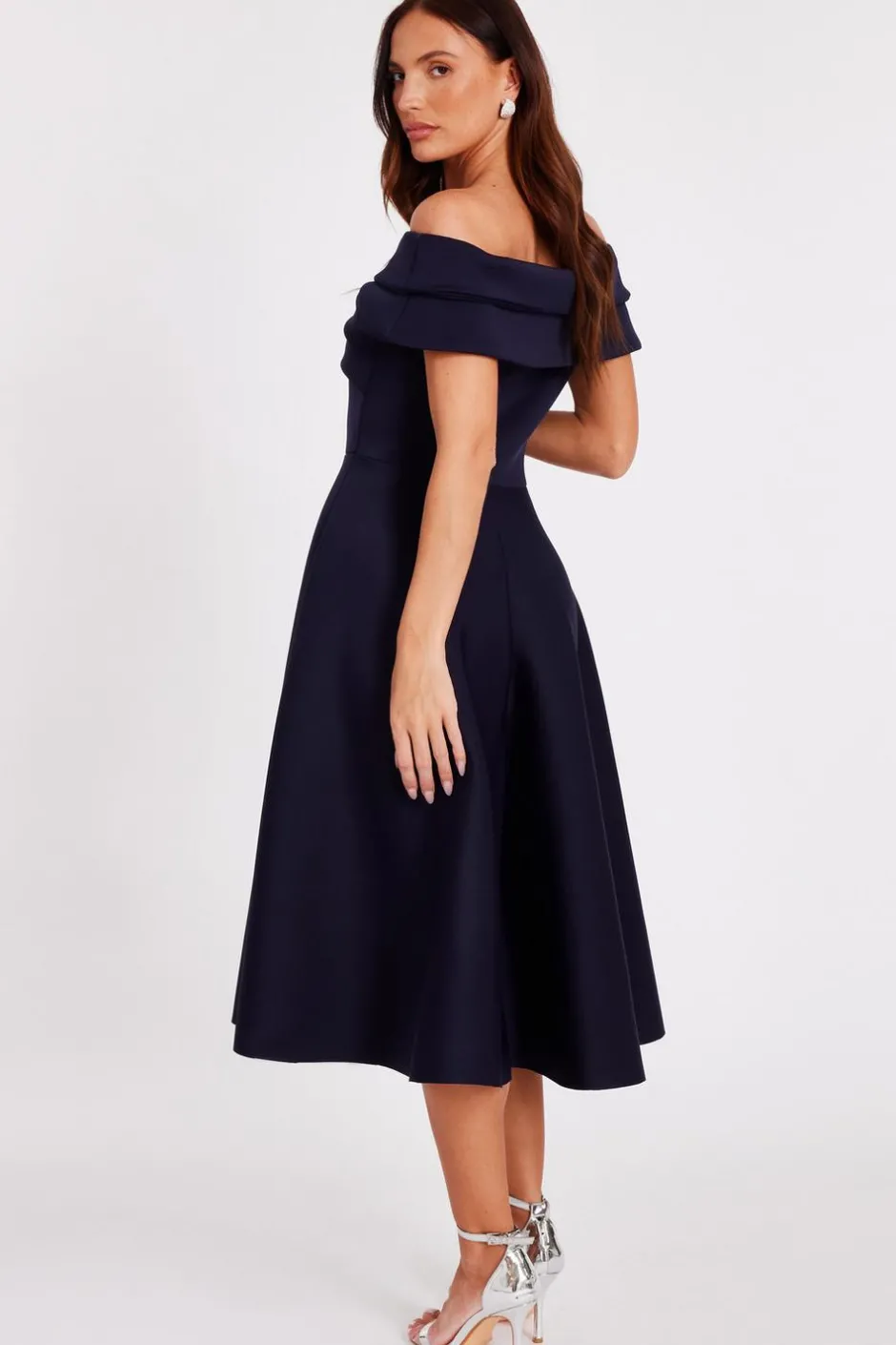 Quiz Pleated Bardot Midi Dress Navy Clearance