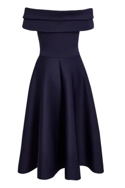 Quiz Pleated Bardot Midi Dress Navy Clearance