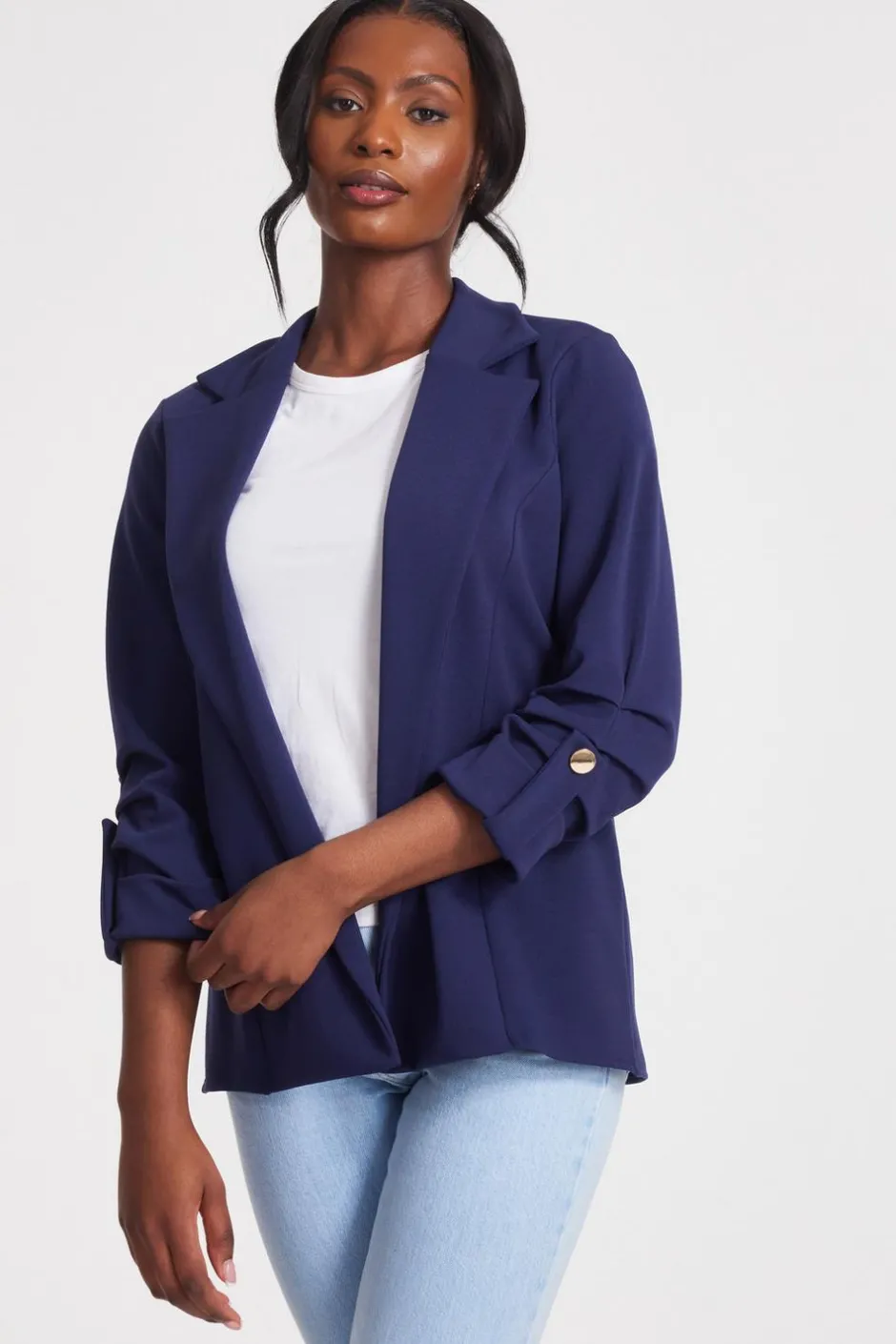 Quiz Ruched Sleeve Blazer Navy Online