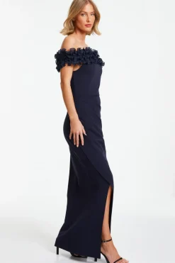Quiz Navy Ruffle Bardot Maxi Dress Outlet