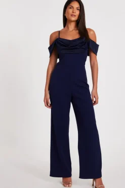 Quiz Navy Satin Cold Shoulder Jumpsuit Outlet