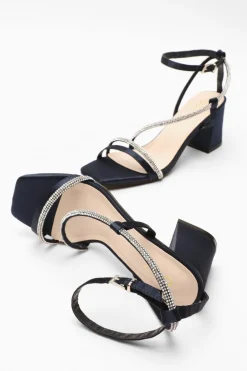Quiz Satin Diamante Block Heeled Sandals Navy Hot