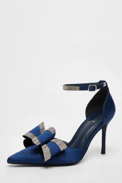 Quiz Satin Diamante Bow Court Heels Navy Clearance