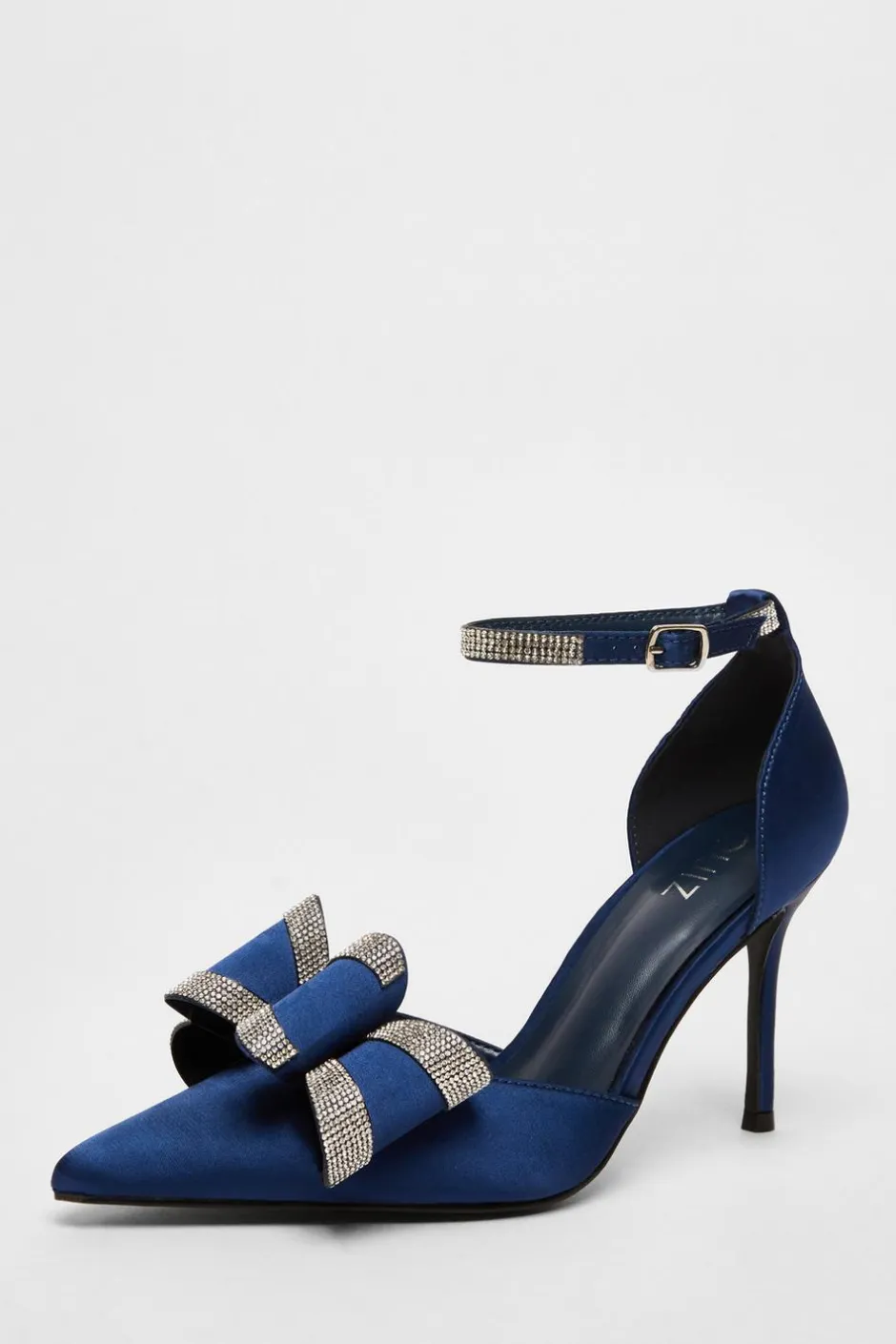Quiz Satin Diamante Bow Court Heels Navy Clearance