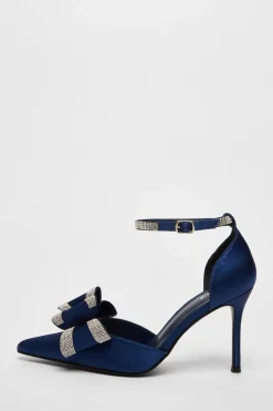 Quiz Satin Diamante Bow Court Heels Navy Clearance