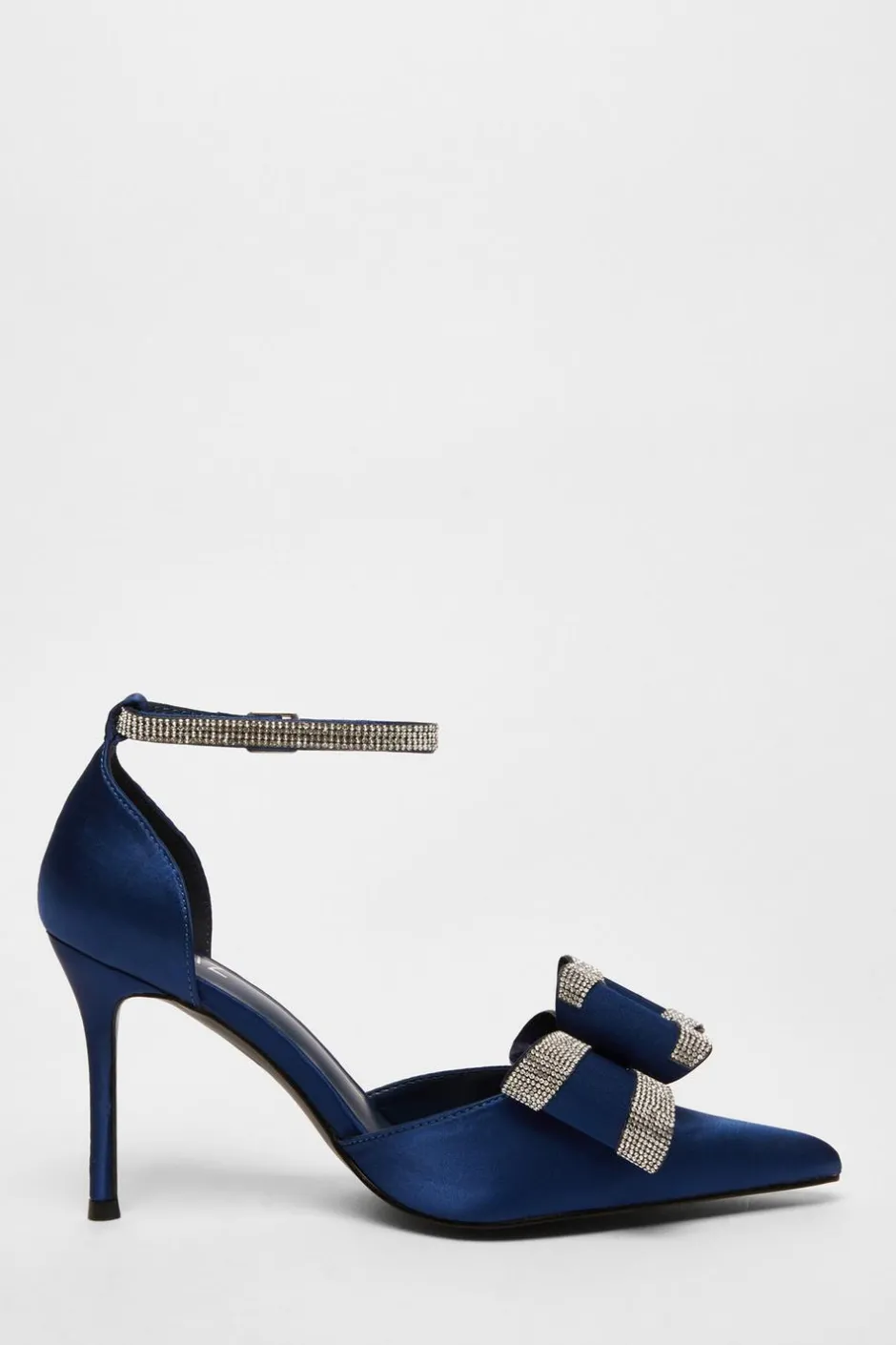 Quiz Satin Diamante Bow Court Heels Navy Clearance
