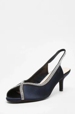 Quiz Satin Diamante Low Heeled Slingback Heels Navy Best