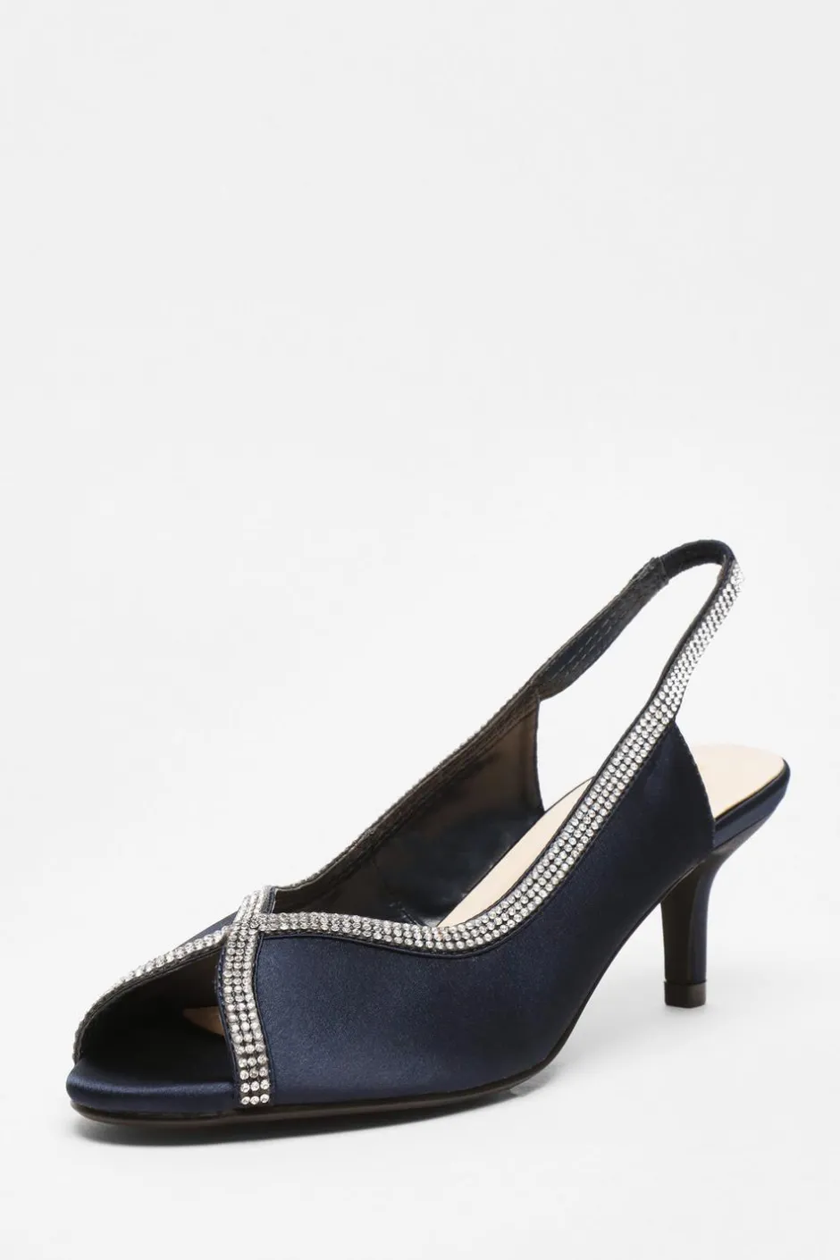 Quiz Satin Diamante Low Heeled Slingback Heels Navy Best