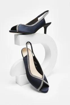 Quiz Satin Diamante Low Heeled Slingback Heels Navy Best